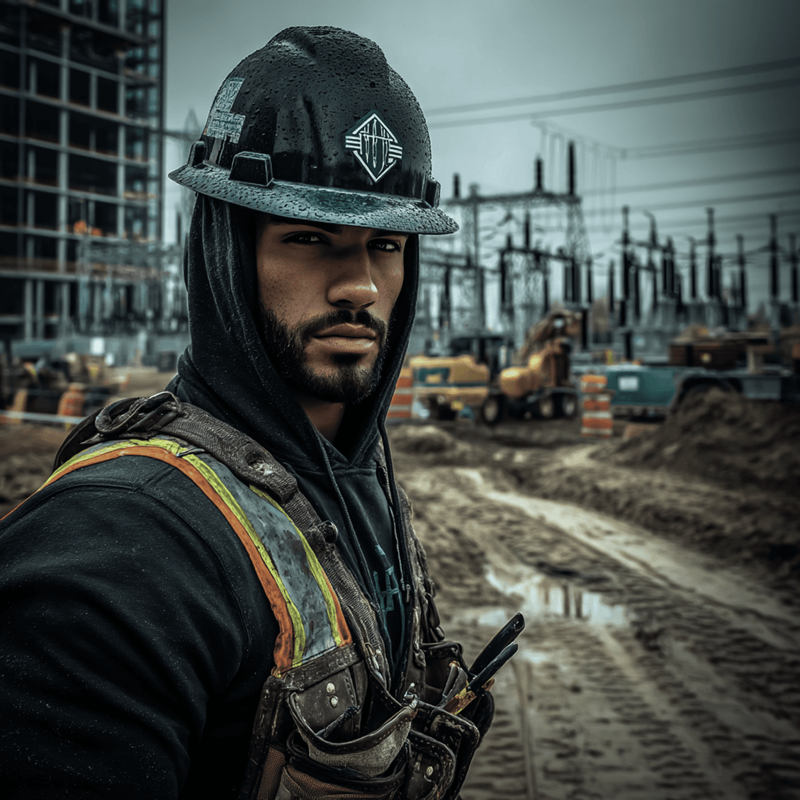 Construction professional in a hard hat reviewing plans at a building site