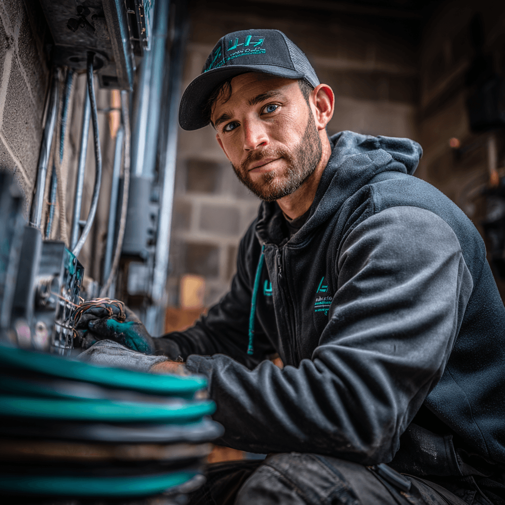 Electrician wiring a panel in a utility room