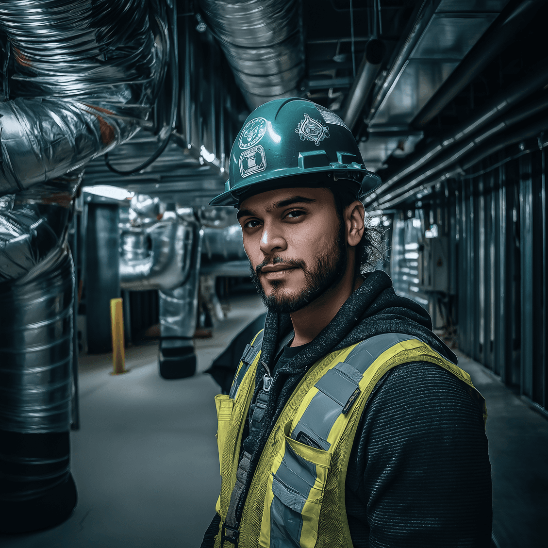 HVAC technician standing in a mechanical room beneath insulated ductwork