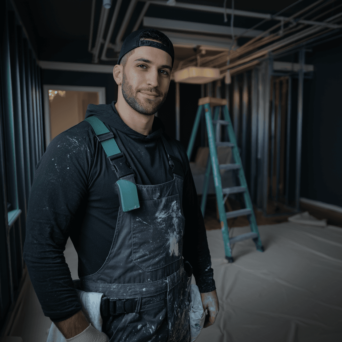 Painter in white overalls rolling an interior wall with a paint roller