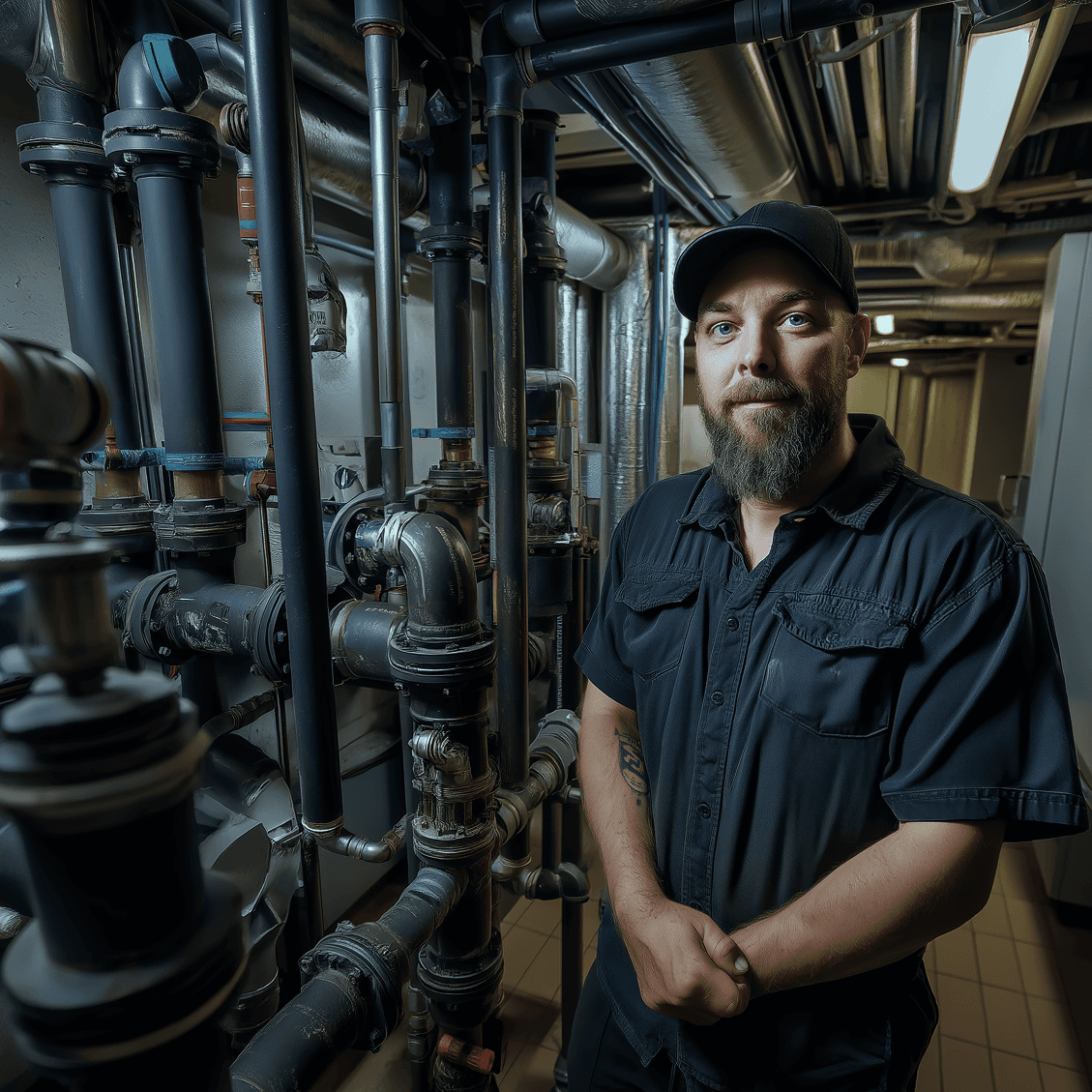 Plumber working on copper supply lines in a mechanical room