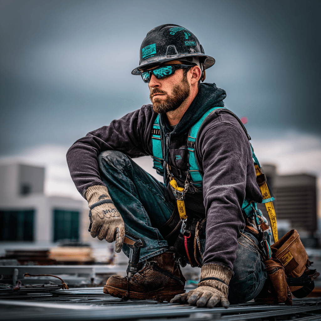 Roofer in a safety harness working on a residential shingle roof